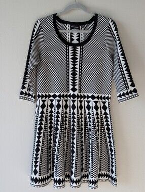 Nina Leonard Black White Geometric Print 3/4 Sleeve A‑Line Dress Size XL